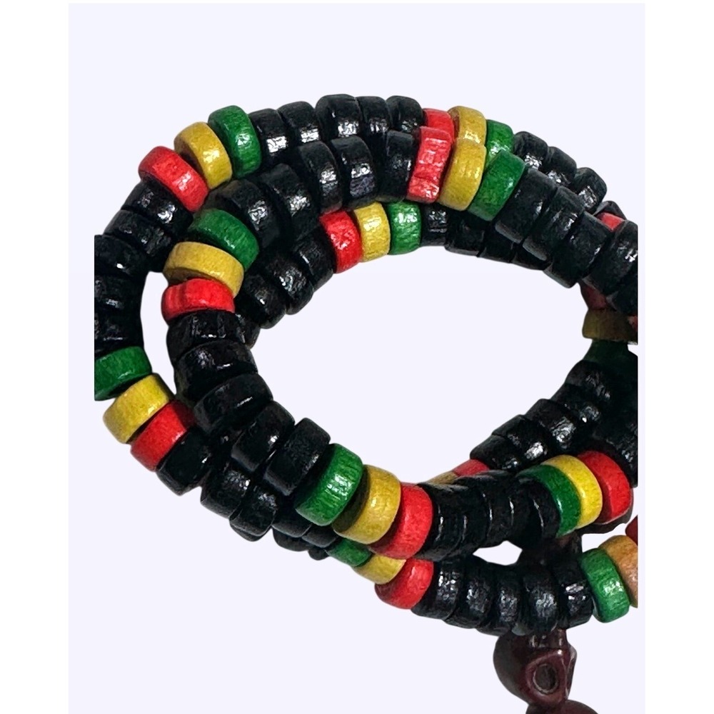 Rasta Wood Bead Necklace and Carved Skull Bone Style Bracelet Jewelry Set - Picture 2 of 4